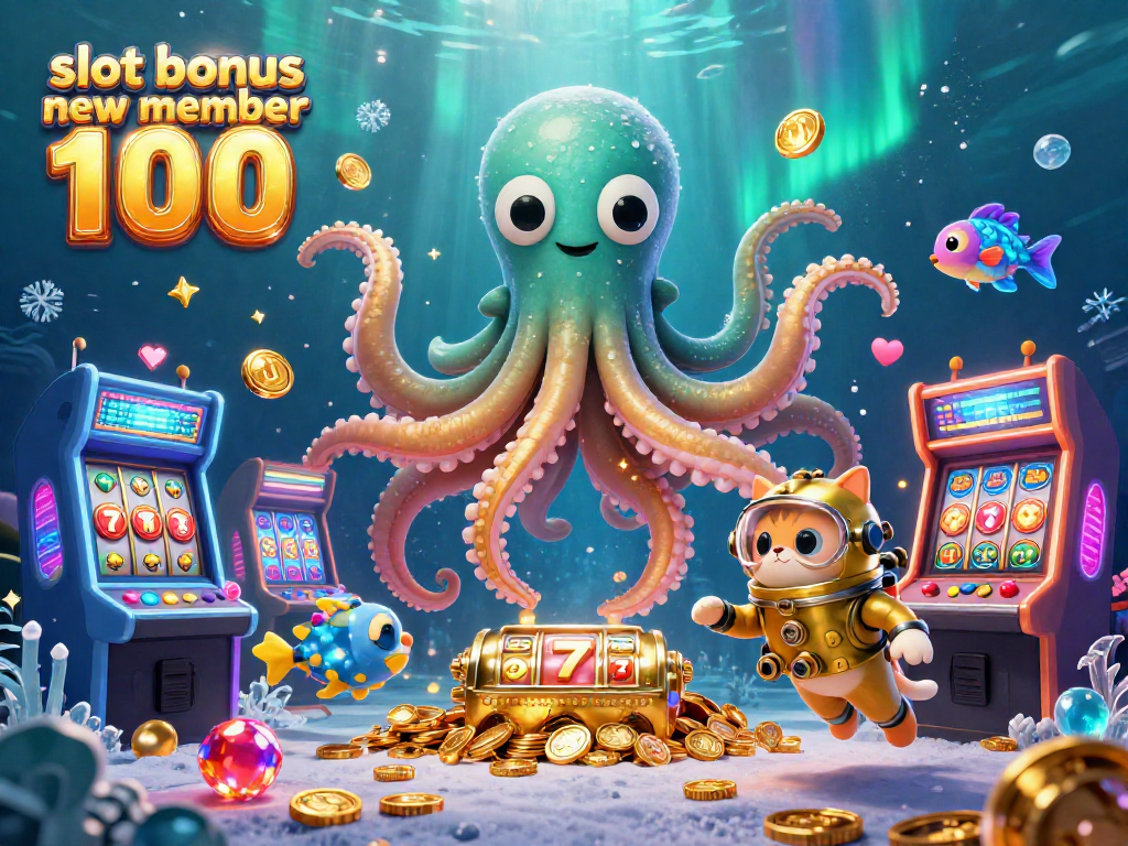 Play thrilling games with slot bonus new member 100 featuring a kraken and diving cat immersed in a vibrant casino world.