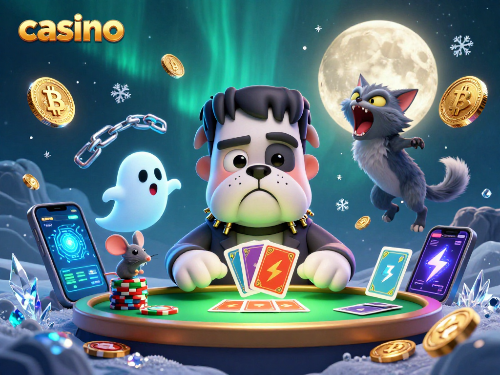 Engage in a dynamic casino scene led by a Frankenstein bulldog monster dealing cards.