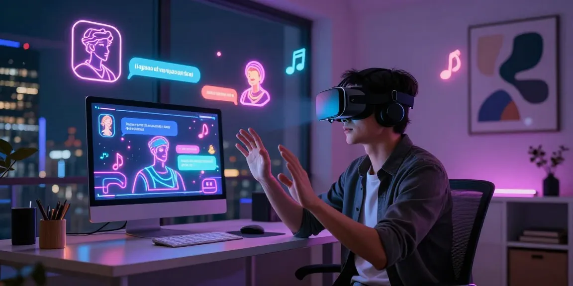 Engaging user experience with AI NSFW chat in a futuristic VR setup, showcasing avatars and interactive interface.