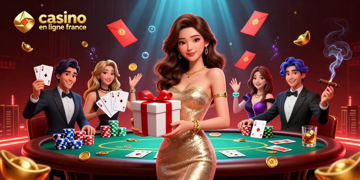 Plongez dans l'atmosphère festive du casino en ligne France avec une femme asiatique glamour célébrant avec des pièces d'or.