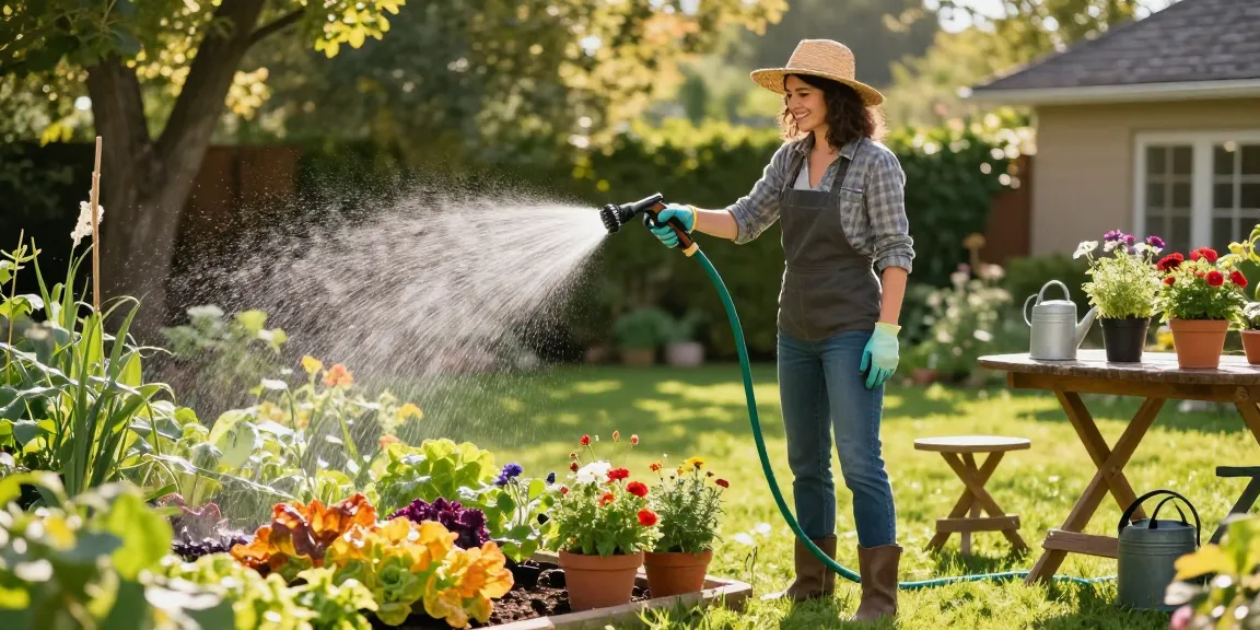 Using the best hose nozzle to water vibrant plants in a sunny garden scene.