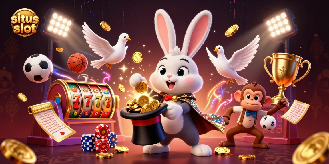 Engage in situs slot action as a magician rabbit pulls coins and a dove dazzles in a casino scene.
