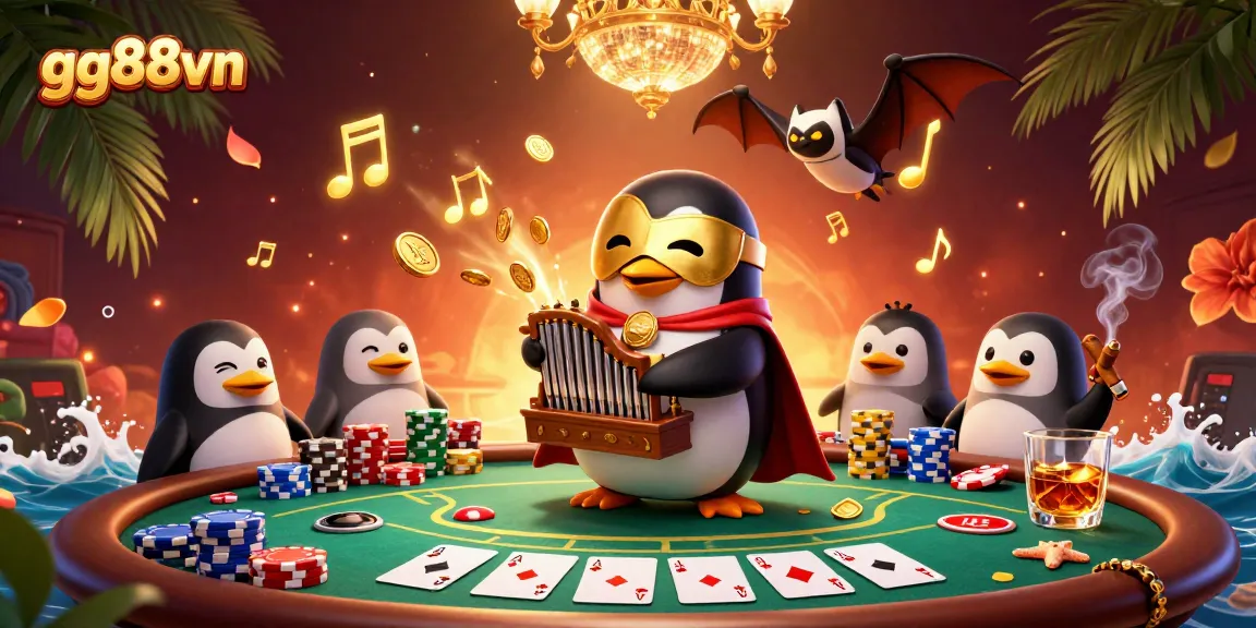 Play exciting card games at gg88vn with a lively casino atmosphere, featuring charming characters and vibrant game elements.