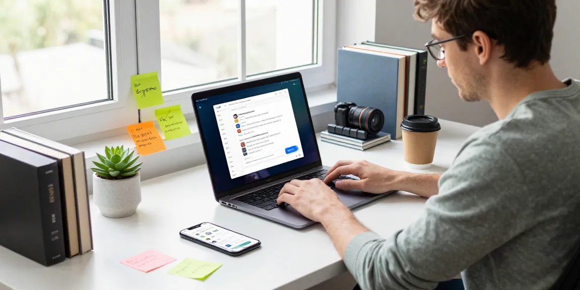 Developer using 纸飞机中文版 on laptop in a bright, organized workspace.