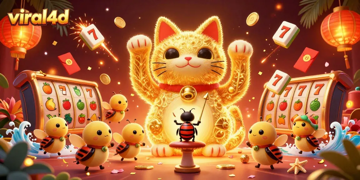 Gambarkan permainan slot di viral4d dengan kucing beruntung yang menggerakkan simbol kasino.
