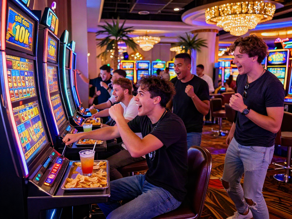 Exciting casino scene with players celebrating around a slot depo 10k machine, vibrant lights and drinks adding to the atmosphere.