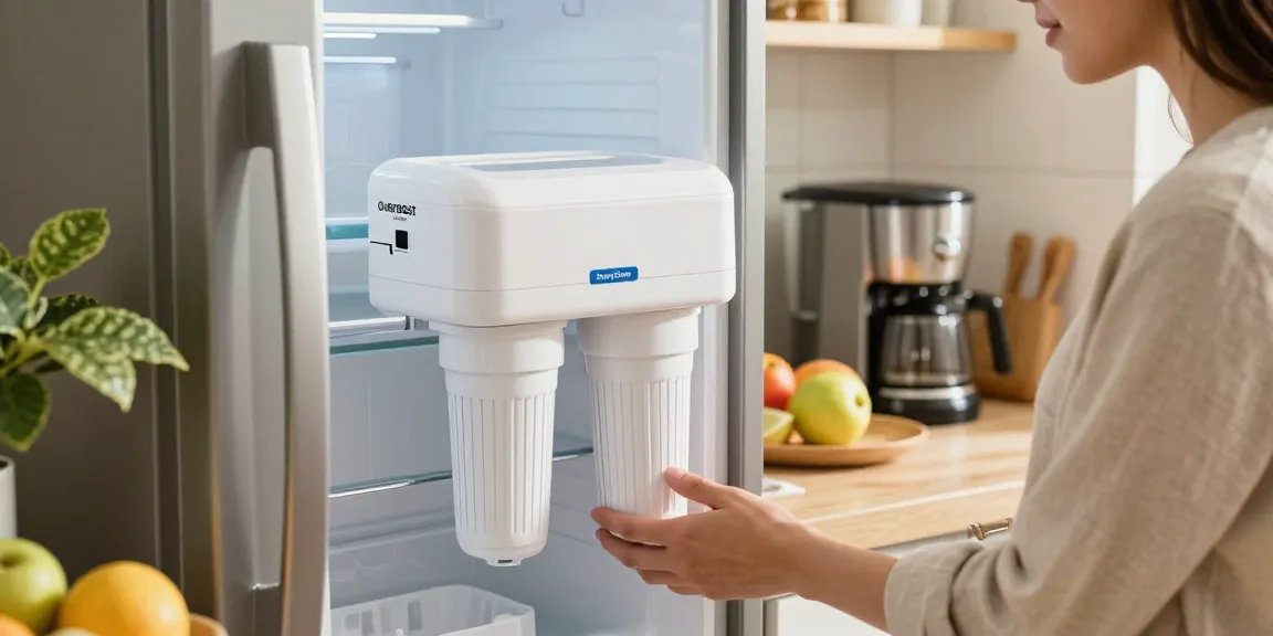 Person installing Overbest UKF8001 Replacement for EveryDrop by Whirlpool Refrigerator Water Filter 4 in a bright kitchen.