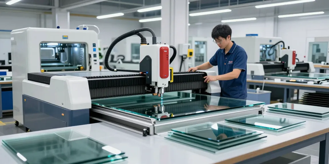 Dynamic CNC glass cutting machine in action, showcasing expert craftsmanship in a modern workshop.