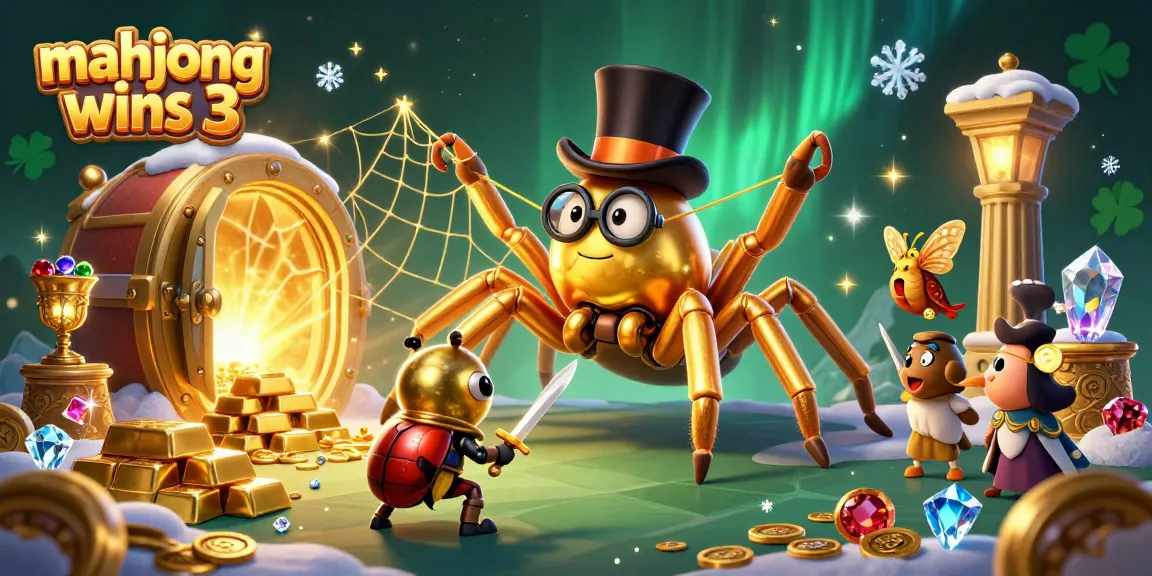 Experience mahjong wins 3 with a vibrant scene of a golden tarantula and a beetle knight amidst casino treasures.