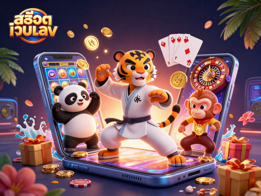 Engage with สล็อตเว็บตรง as a kung fu tiger and friends showcase vibrant slot game excitement.