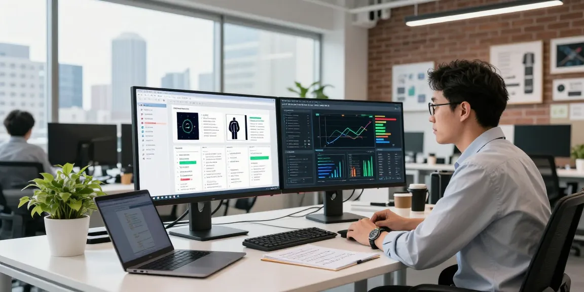 AI detector analyzing flagged content on dual monitors in a modern office.
