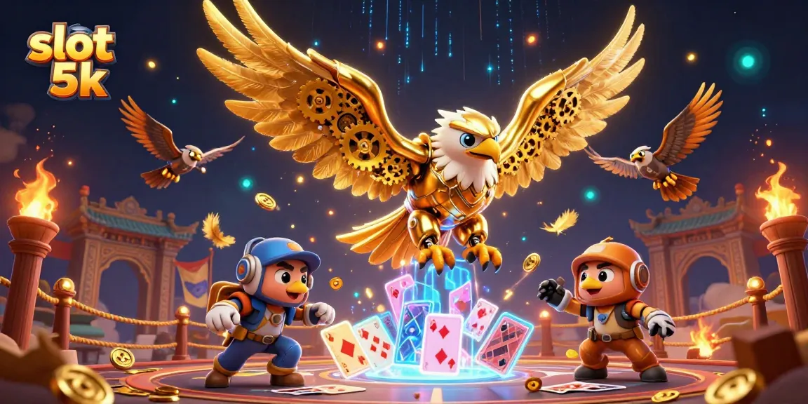 Experience slot 5k action with a dynamic visual of a golden eagle soaring through holographic cards and casino elements.