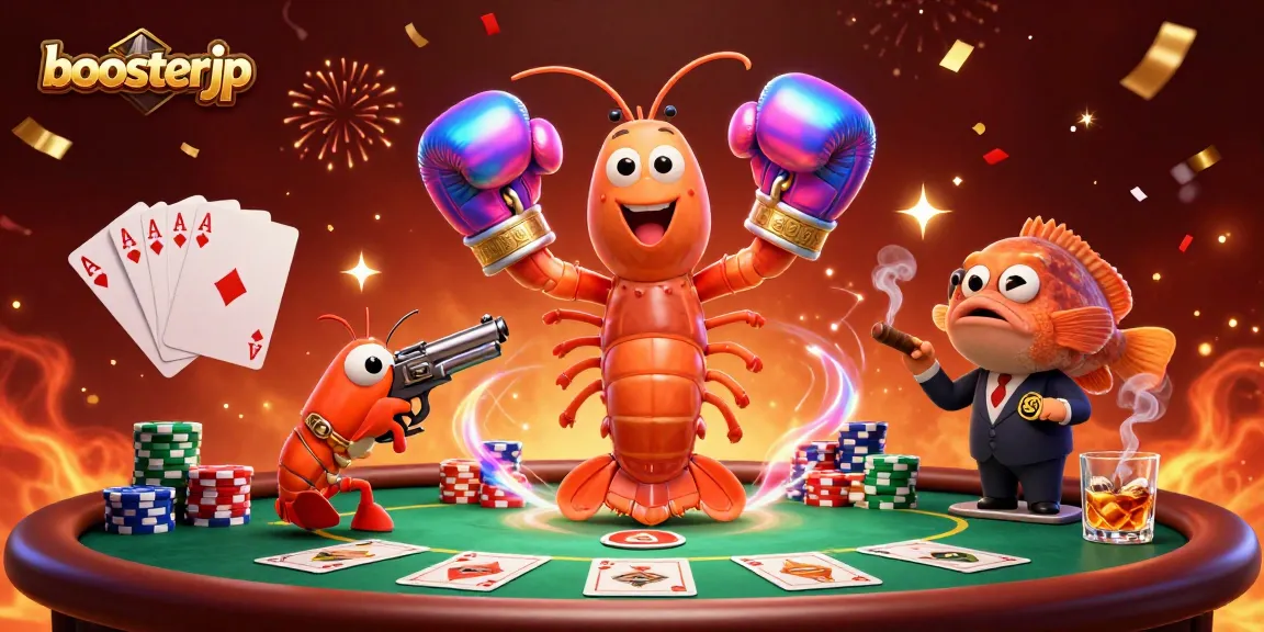 Engage with boosterjp at the poker table surrounded by exciting casino elements and characters.