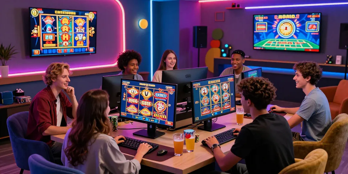 Scène de jeu excitante de casino en ligne France avec des amis profitant de jeux en ligne vibrants et d'une atmosphère illuminée au néon.