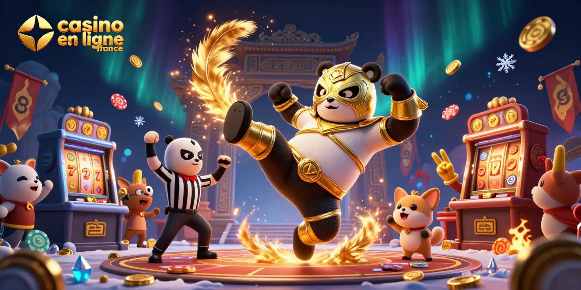 Regardez l'excitation du casino en ligne France se dérouler avec une illustration 3D pleine d'action mettant en scène un panda lutteur.
