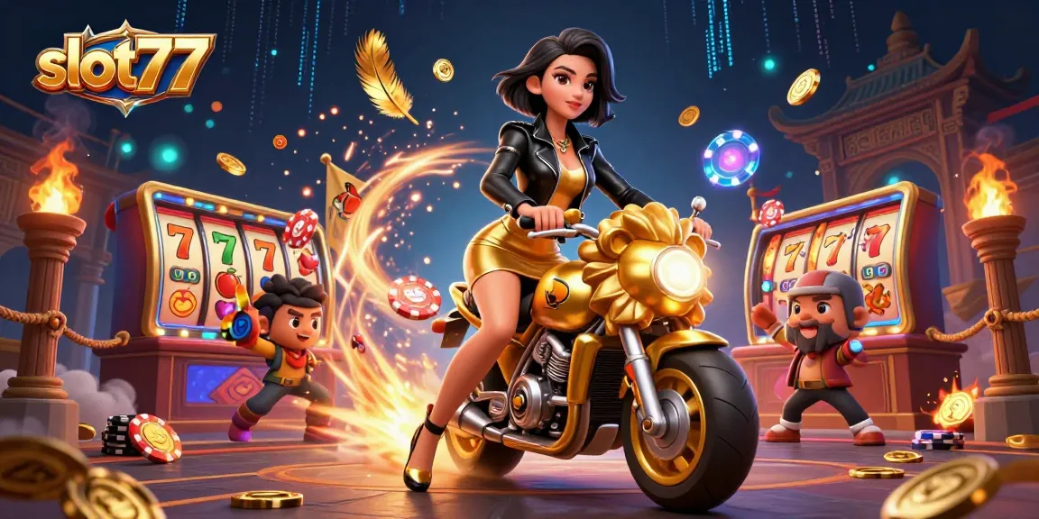 Spin the reels with slot77 in this vibrant, action-packed 3D gambling scene featuring thrilling game elements.
