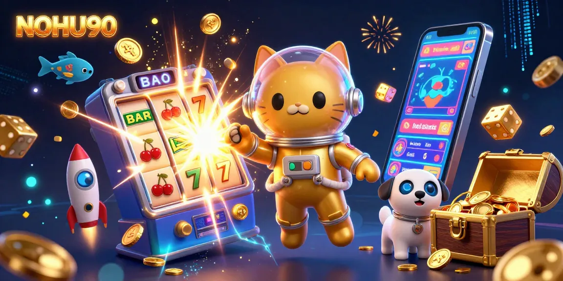 Experience the dynamic thrills of NOHU90, featuring vibrant casino-themed 3D elements and characters.