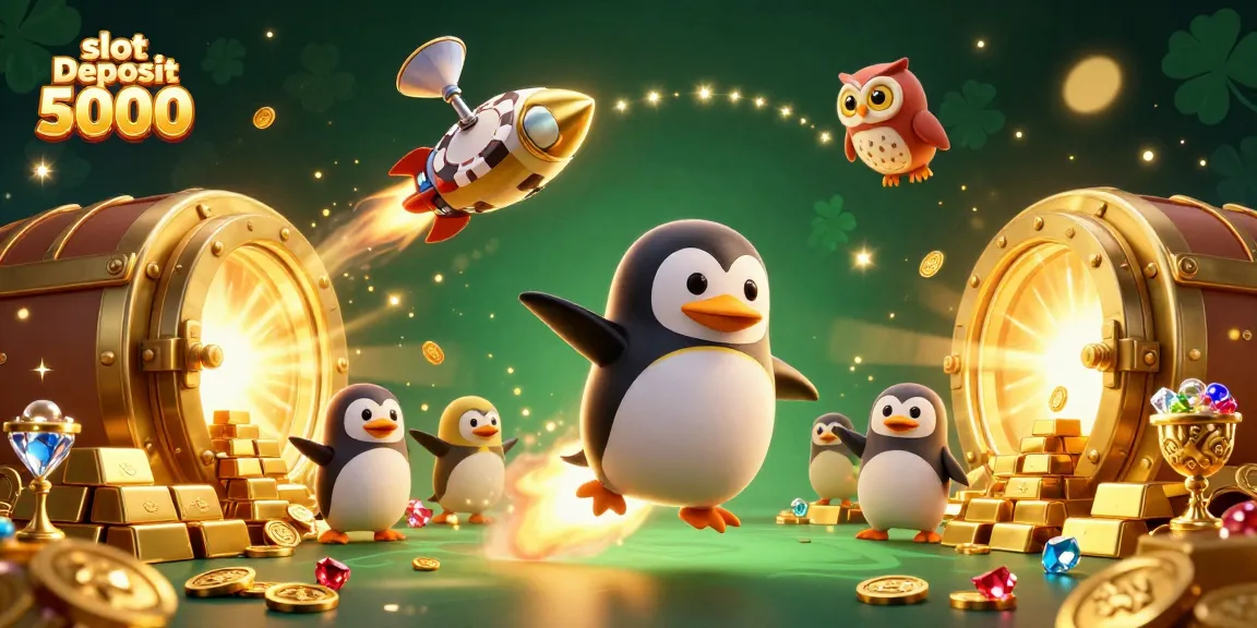 Permainan slot deposit 5000 menampilkan penguin emas dengan koin berkilau di latar belakang kasino.