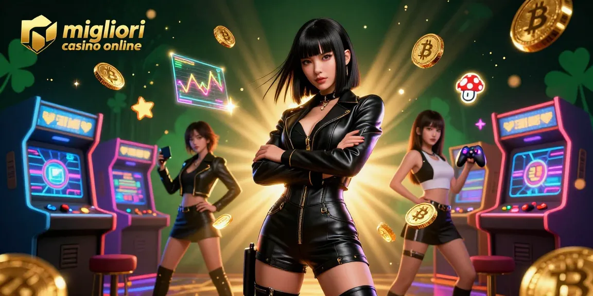 Vivi l'emozione dei migliori casino online con una splendida donna asiatica circondata da elementi di gioco vibranti.