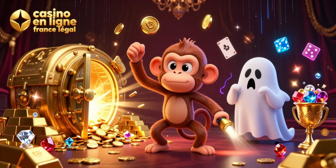 Découvrez l'univers captivant du casino en ligne légal en France avec un singe poltergeist et un chiot chasseur de fantômes dans une scène animée