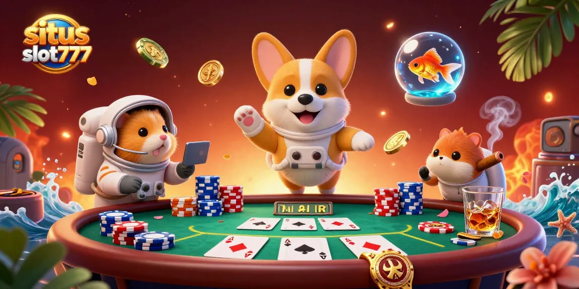 situs slot777 engages players with an immersive casino experience featuring spinning slot machines and vibrant characters.