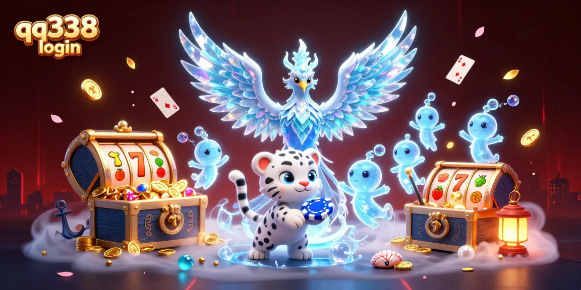 Experience seamless gaming with qq338 login, featuring a magical phoenix and playful snow leopard in a fantasy casino realm.