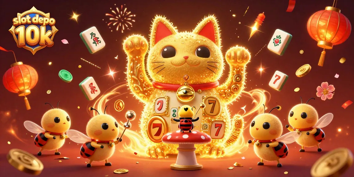 Engage with slot depo 10k gaming action illustrated by vibrant lucky symbols and festive elements.