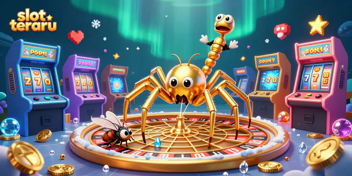 Bet on the exciting slot terbaru as a golden spider spins a roulette wheel, creating vibrant gambling energy.