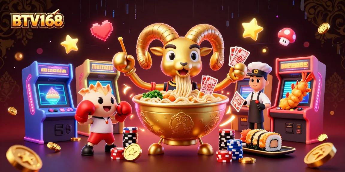 BTV168 offers a dynamic casino scene with a ramen bowl dealer and cheerful sushi characters.