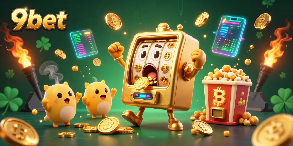 9bet showcases a vibrant 3D scene with a golden slot machine celebrating its jackpot, surrounded by crypto elements.