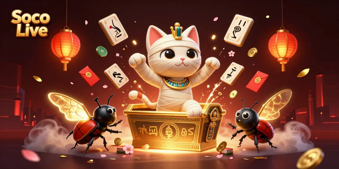 Soco Live delivers thrilling action with a dynamic illustration of a mummy cat in a vibrant casino scene.