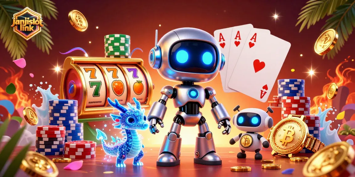 Engage with janjislot link in a vibrant casino illustration featuring a robotic mascot, dragon, and bitcoin drone.