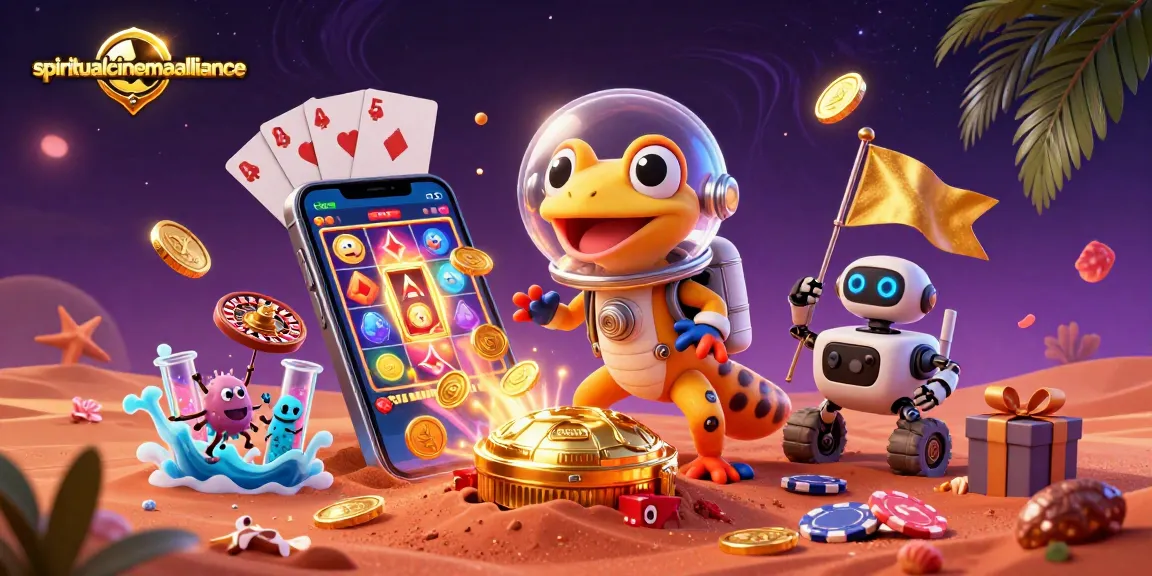 Experience spiritualcinemaalliance's thrilling casino adventure with a gecko and robot in a vibrant 3D scene.
