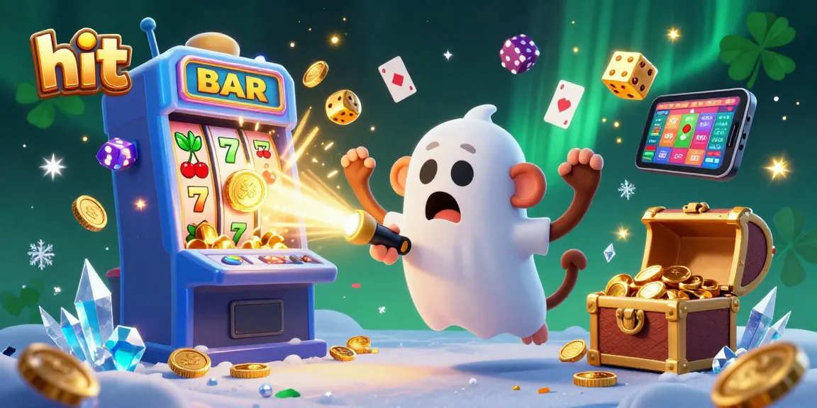 Hit the jackpot in a vibrant 3D casino scene featuring a playful poltergeist monkey and a curious puppy.