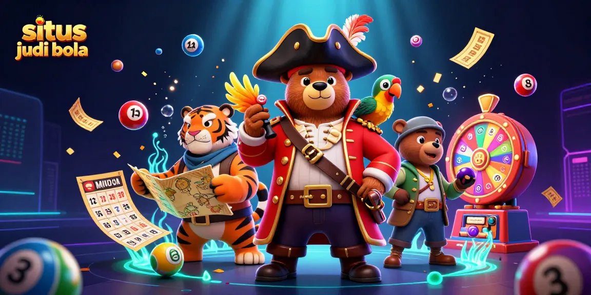 Engage in situs judi bola with vibrant lottery balls and a treasure map in a dynamic casino scene.